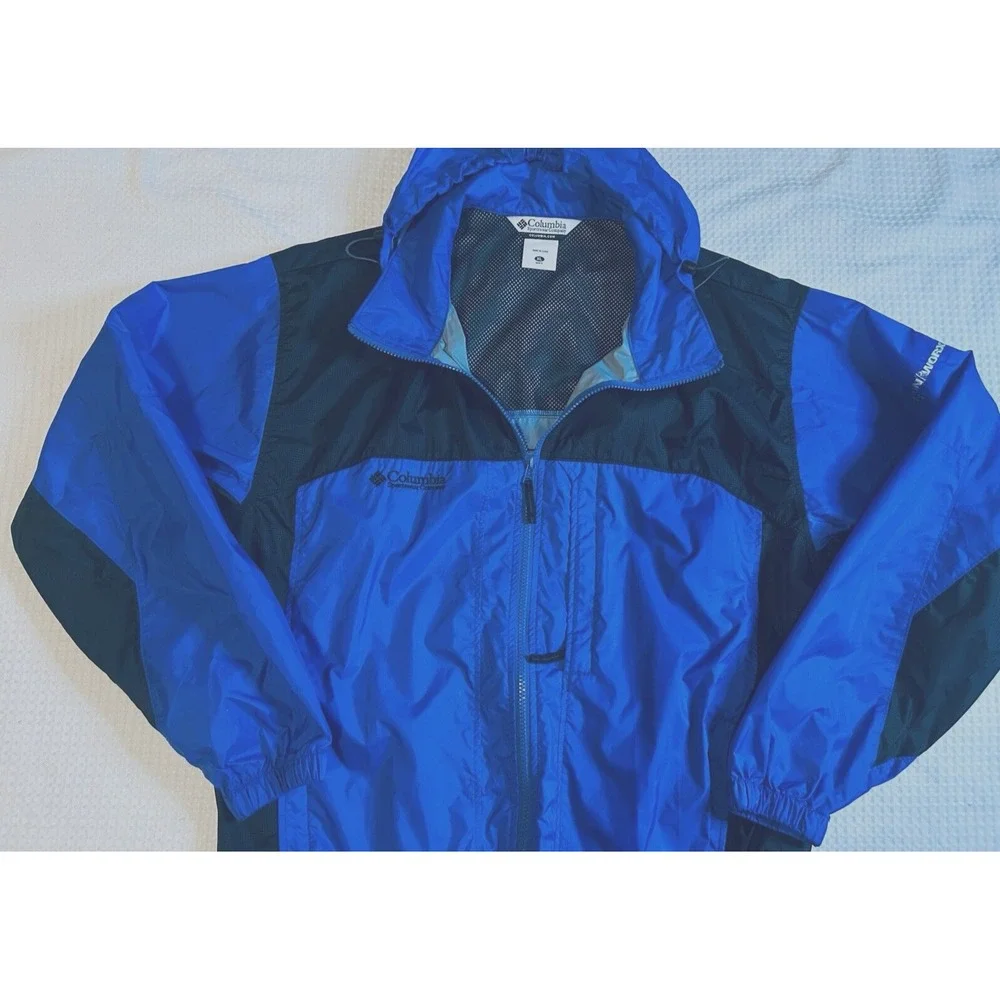 Columbia Mens XL Blue Black Colorblock Windbreaker Jacket Kokanee Crankworx Hood
